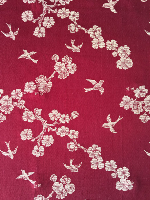 Burgundy ticking with cherry blossom and swallows. Spain c.1900 - Lot of 3 pieces
