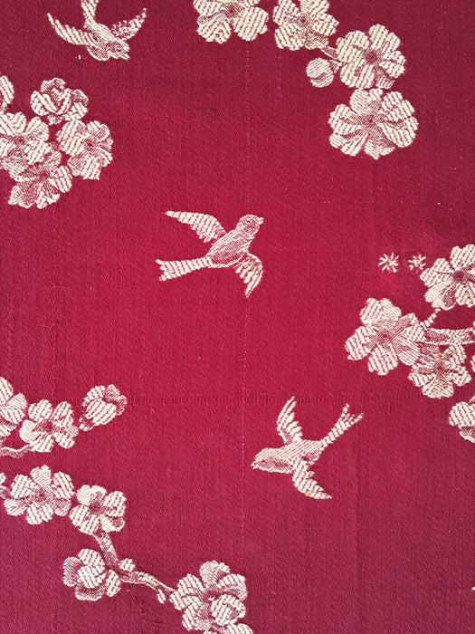 Burgundy ticking with cherry blossom and swallows. Spain c.1900 - Lot of 3 pieces