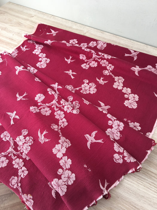 Burgundy ticking with cherry blossom and swallows. Spain c.1900 - Lot of 3 pieces