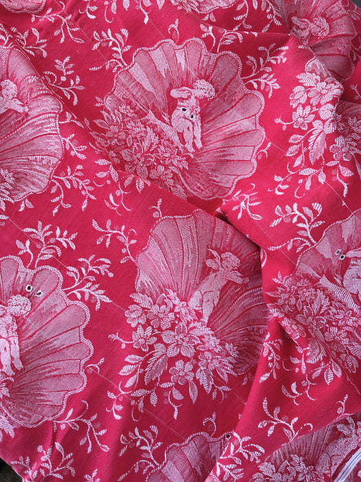 Red ticking with cute cupids. Spain c.1940 - 112×132 cm