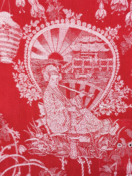 Red Chinoiserie Scenic Antique European Ticking Fabric Recovered Panels REC-DA-ROJO-010 - Ticking Depot