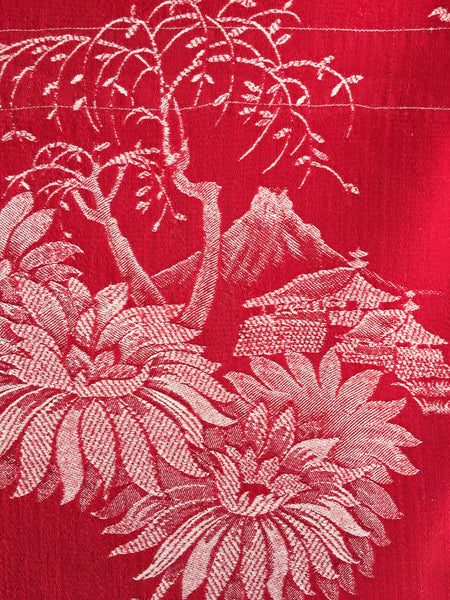 Red Chinoiserie Scenic Antique European Ticking Fabric Recovered Panels REC-DA-ROJO-017 - Ticking Depot