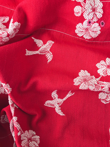 Red Birds Chinoiserie Antique European Ticking Fabric Recovered Panels REC-DA-ROJO-027 - Ticking Depot