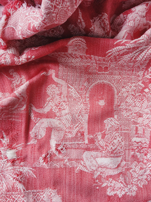 Red ticking with dancer and musician. Spain c.1950 - 143×80 cm