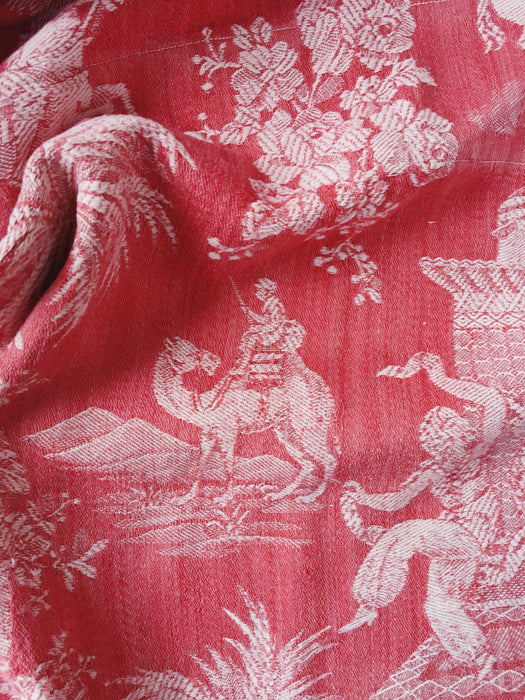 Red ticking with dancer and musician. Spain c.1950 - 143×80 cm