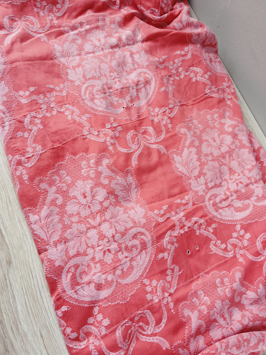 Reddish pink ticking with bouquets and ribbons. Spain c.1930 - 142×148 cm
