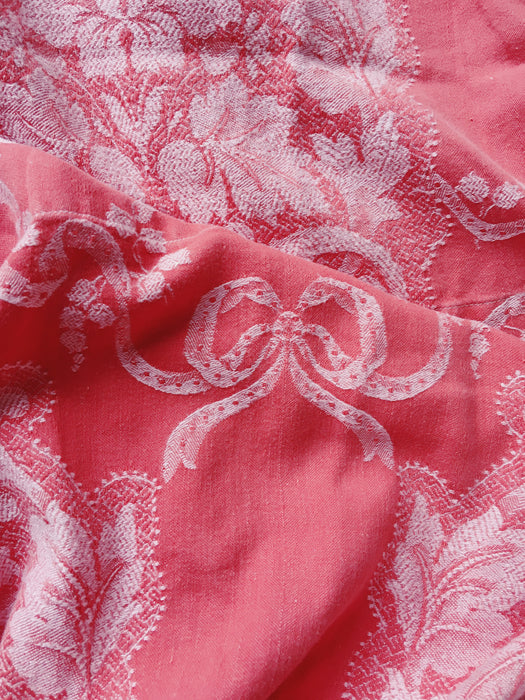 Reddish pink ticking with bouquets and ribbons. Spain c.1930 - 142×148 cm