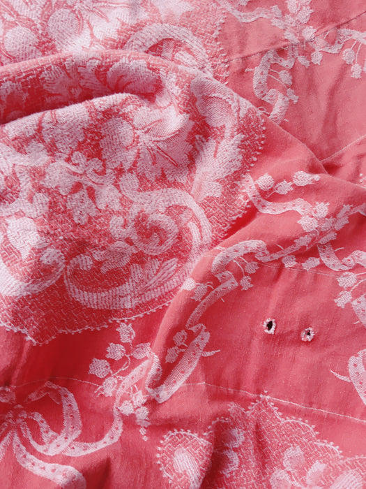 Reddish pink ticking with bouquets and ribbons. Spain c.1930 - 142×148 cm
