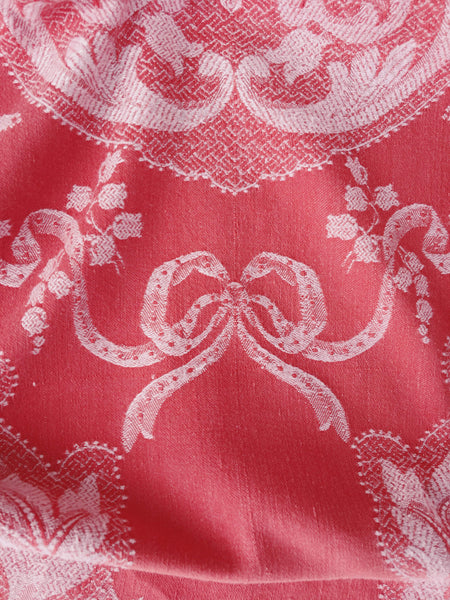 Reddish pink ticking with bouquets and ribbons. Spain c.1930 - 142×148 cm