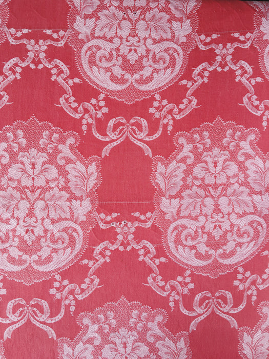 Reddish pink ticking with bouquets and ribbons. Spain c.1930 - 142×148 cm