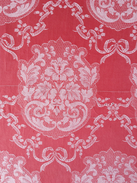 Reddish pink ticking with bouquets and ribbons. Spain c.1930 - 142×148 cm