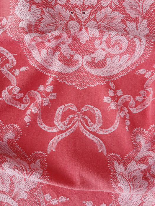 Reddish pink ticking with bouquets and ribbons. Spain c.1930 - 142×148 cm
