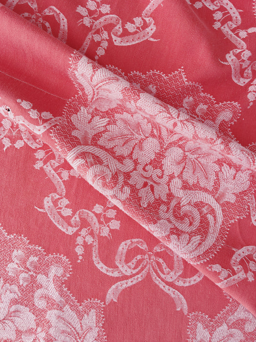 Reddish pink ticking with bouquets and ribbons. Spain c.1930 - 142×148 cm
