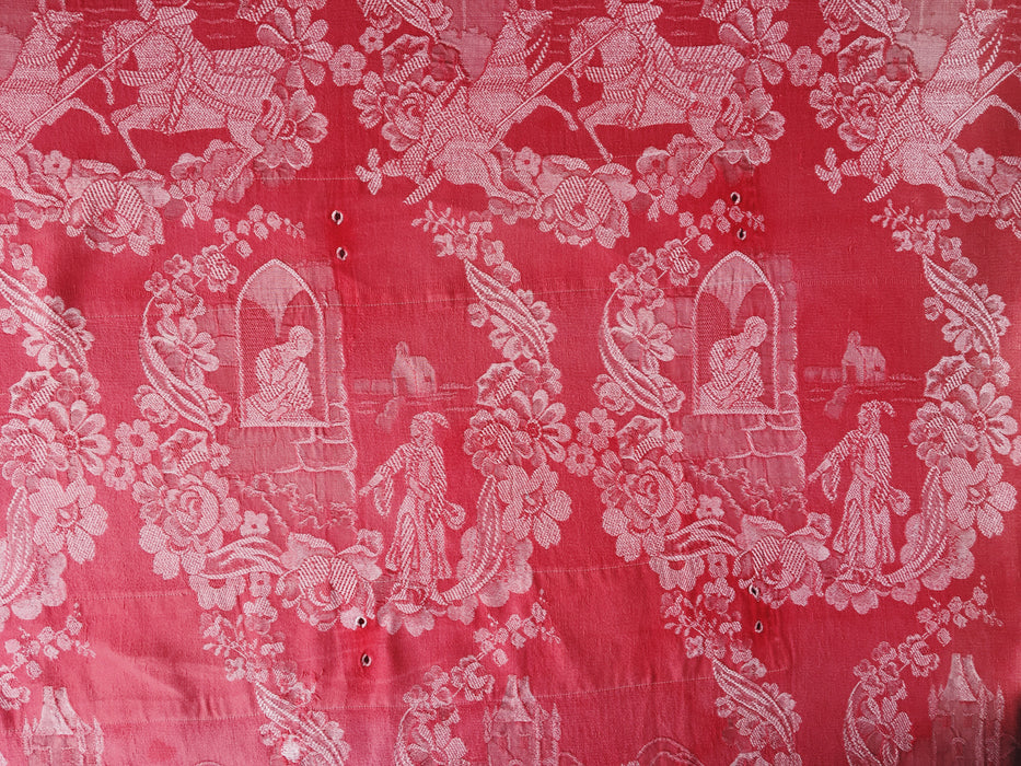 Red ticking with history of castles. Spain c.1940 - 204×128 cm