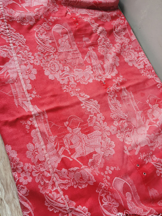 Red ticking with history of castles. Spain c.1940 - 204×128 cm