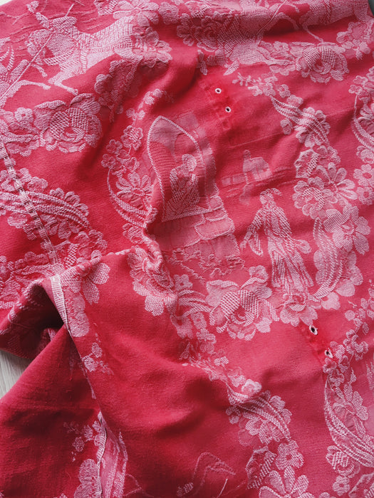 Red ticking with history of castles. Spain c.1940 - 204×128 cm