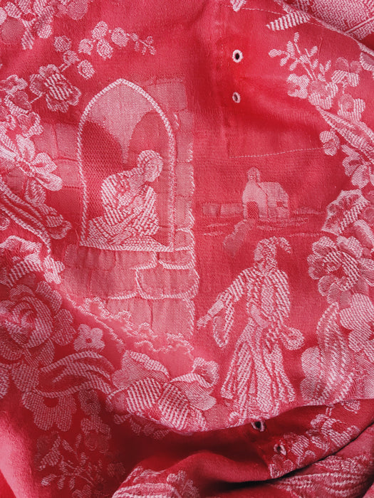 Red ticking with history of castles. Spain c.1940 - 204×128 cm