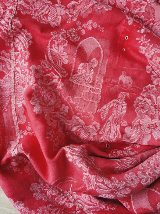 Red ticking with history of castles. Spain c.1940 - 204×128 cm