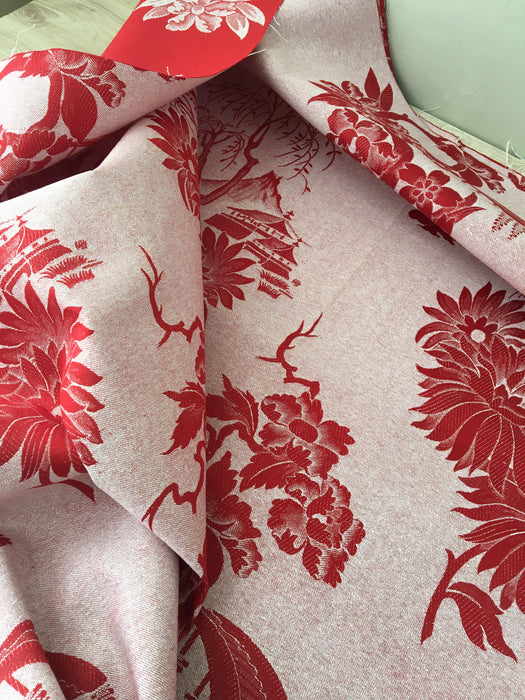 Red chinoiserie ticking with chrysanthemums and maybe mount Fuji. Spain c.1900 - 160 cm × 4.4 meters