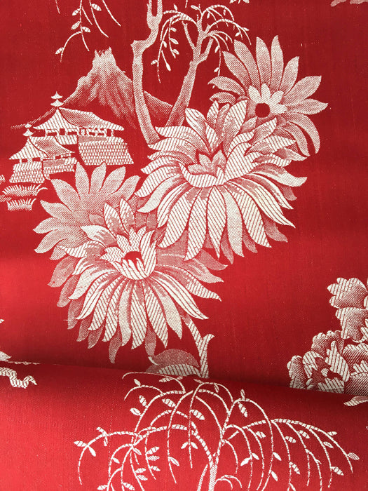 Red chinoiserie ticking with chrysanthemums and maybe mount Fuji. Spain c.1900 - 160 cm × 4.4 meters