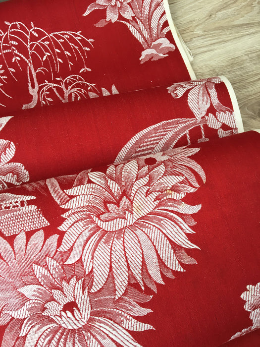Red chinoiserie ticking with chrysanthemums and maybe mount Fuji. Spain c.1900 - 160 cm × 4.4 meters