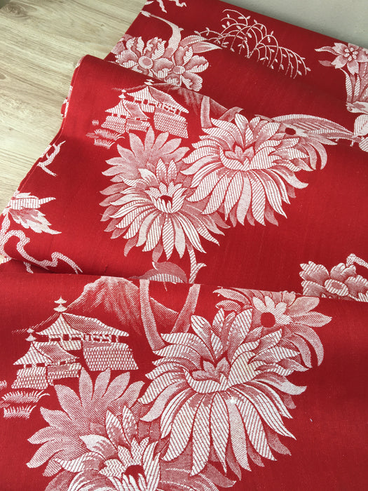 Red chinoiserie ticking with chrysanthemums and maybe mount Fuji. Spain c.1900 - 160 cm × 4.4 meters