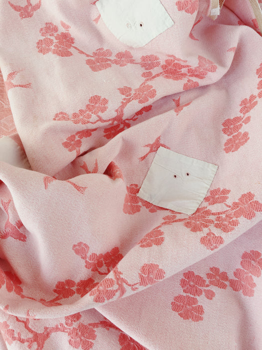 Cherry blossom and swallows in pink ticking. Spain c.1900 - 105×108 cm