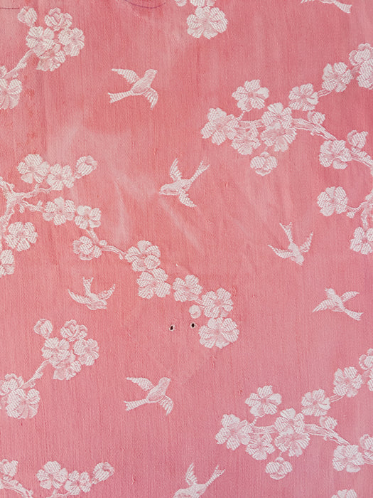 Cherry blossom and swallows in pink ticking. Spain c.1900 - 105×108 cm