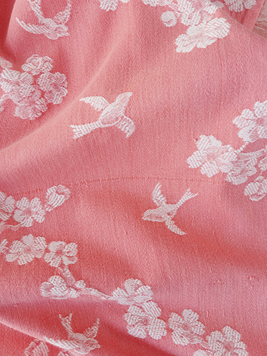 Cherry blossom and swallows in pink ticking. Spain c.1900 - 105×108 cm