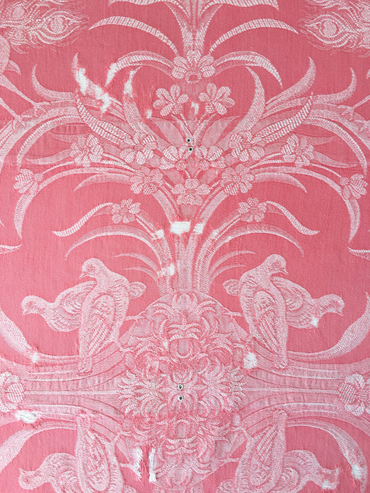 Birds and flowers in pink ticking. Spain c.1930 - 130×167 cm