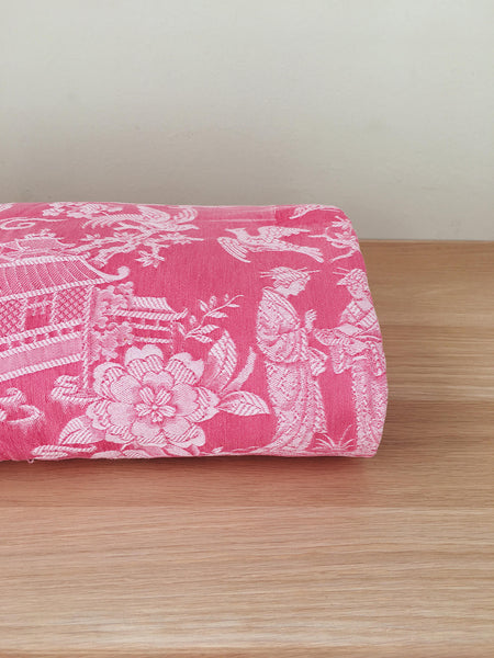 Pink Chinoiserie Scenic Antique European Ticking Fabric Recovered Panels REC-DA-ROSA-017 - Ticking Depot
