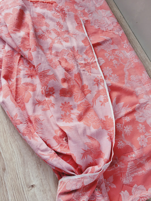 Pink ticking with birds talking. Spain c.1940 - Lot of 3 pieces