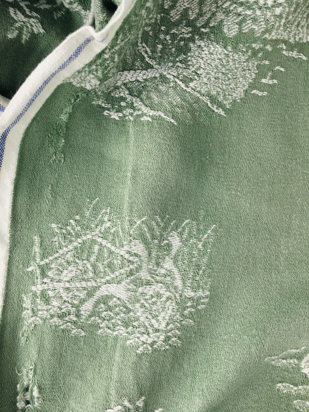 Green Chinoiserie Scenic Antique European Ticking Fabric Recovered Panels REC-DA-VERDE-019 - Ticking Depot