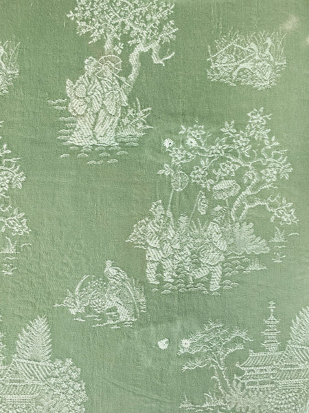 Olive green ticking with chinoiserie. Spain c.1930 - 84×84 cm