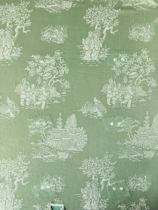 Olive green ticking with chinoiserie. Spain c.1930 - 84×84 cm