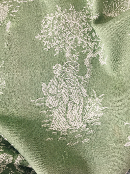 Olive green ticking with chinoiserie. Spain c.1930 - 84×84 cm