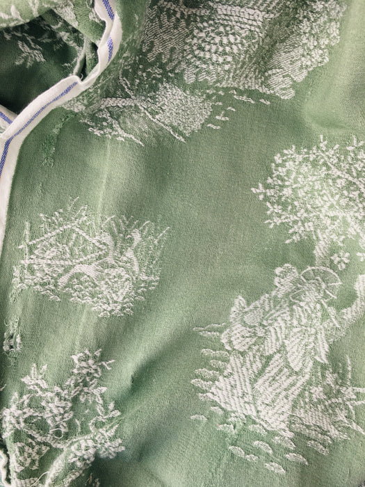 Olive green ticking with chinoiserie. Spain c.1930 - 84×84 cm