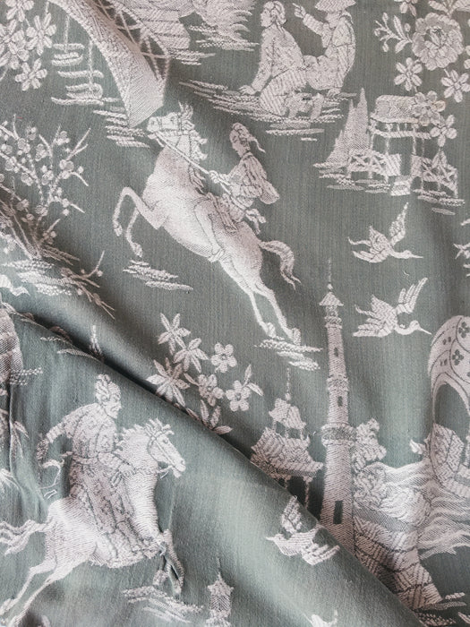 Olive green ticking with chinoiserie. Spain c.1930 - 50×110 cm