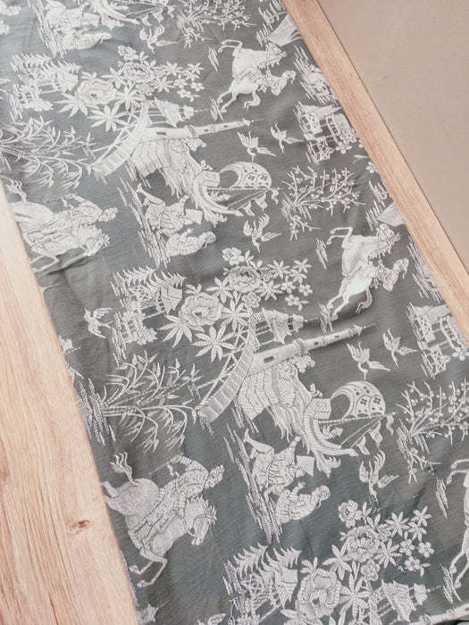 Olive green ticking with chinoiserie. Spain c.1930 - 50×110 cm