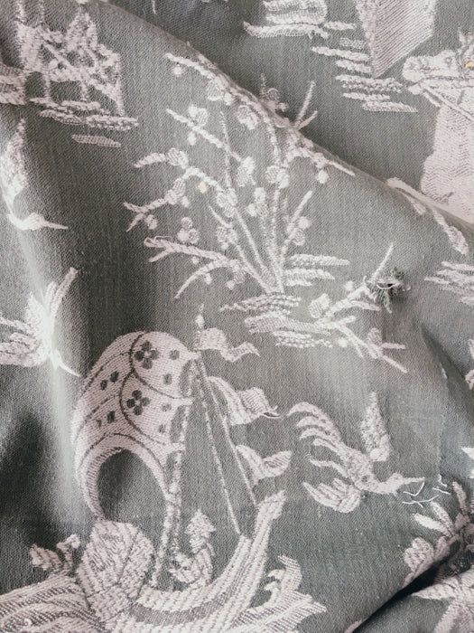 Olive green ticking with chinoiserie. Spain c.1930 - 50×110 cm