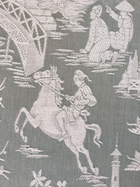 Olive green ticking with chinoiserie. Spain c.1930 - 50×110 cm