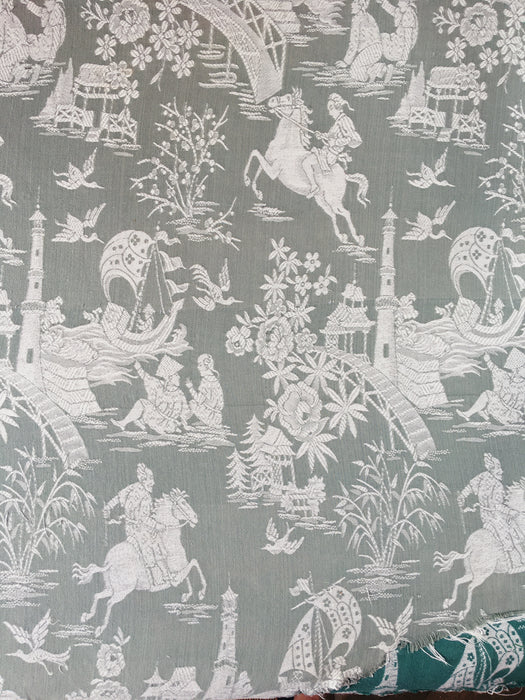 Olive green ticking with chinoiserie. Spain c.1930 - 50×110 cm