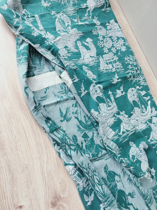 Deep green ticking with chinoiserie. Spain c.1950 - Lot of 2 pieces