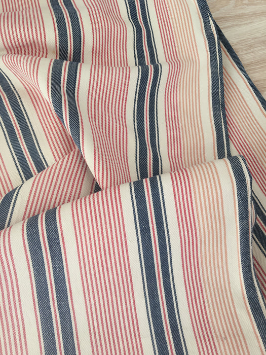 Narrow red, blue and white stripes ticking. Finland c.1900 - 58 cm × 3.8 meters (2 pieces avail.)