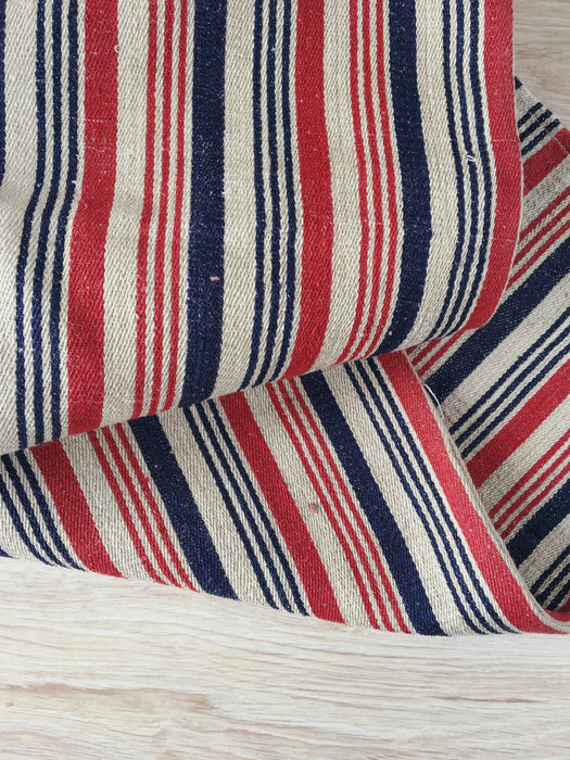 Extraordinary ticking, in linen tow. Blue, red, and white stripes. Finland c.1900 - 56 cm × 3.8 meters (2 pieces avail.)