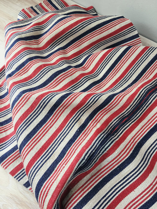 Extraordinary ticking, in linen tow. Blue, red, and white stripes. Finland c.1900 - 56 cm × 3.8 meters (2 pieces avail.)
