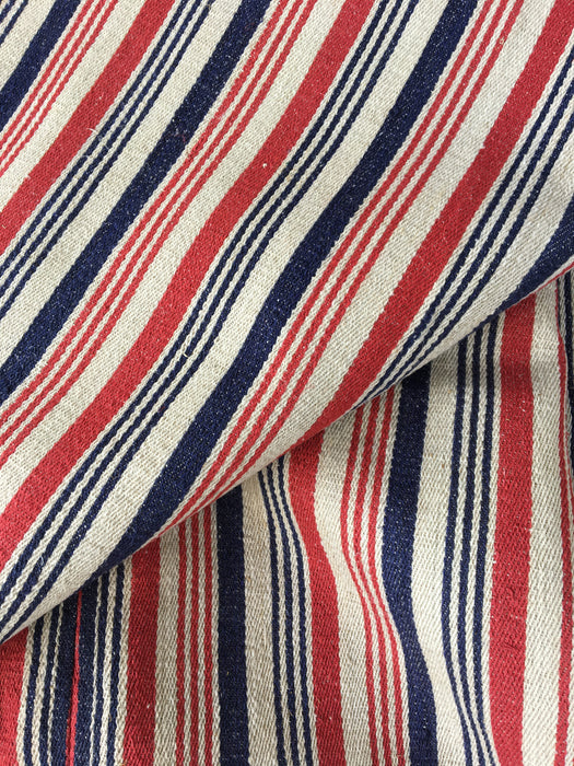 Extraordinary ticking, in linen tow. Blue, red, and white stripes. Finland c.1900 - 56 cm × 3.8 meters (2 pieces avail.)