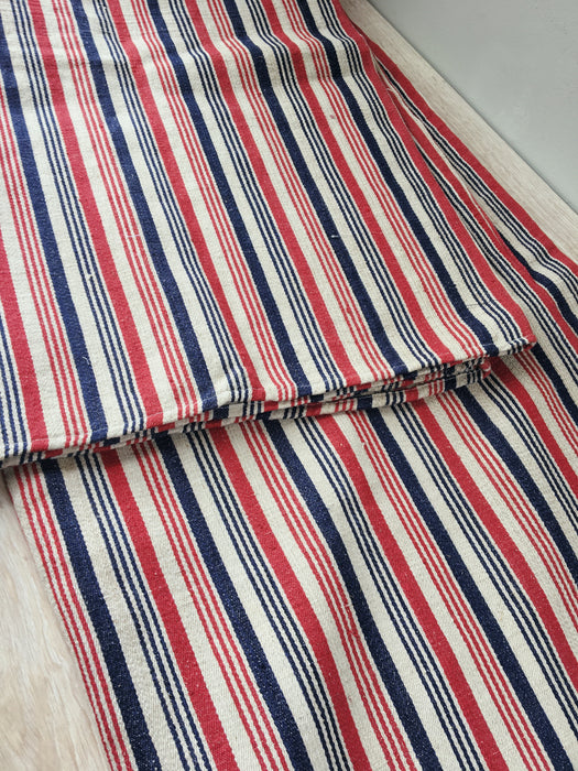 Extraordinary ticking, in linen tow. Blue, red, and white stripes. Finland c.1900 - 56 cm × 3.8 meters (2 pieces avail.)