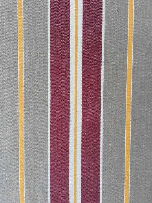 Finnish ticking  in burgundy, gray, and thin yellow stripes. c.1900 - 138 cm × 1.62 meters