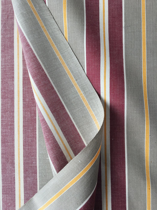 Finnish ticking  in burgundy, gray, and thin yellow stripes. c.1900 - 138 cm × 1.62 meters